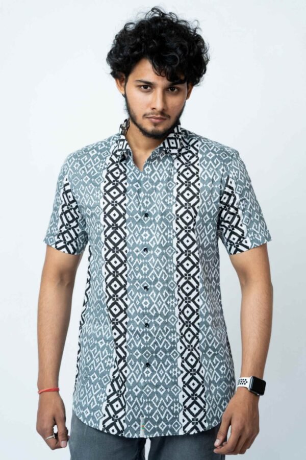 BLACK & GREY BLOCK  PRINT REGULAR FIT SHIRT - Image 4