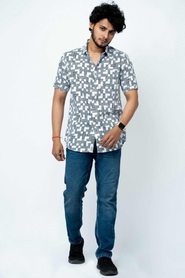 BLACK & WHITE  TETRIS PRINT  MENS HALF SHIRT - Image 4