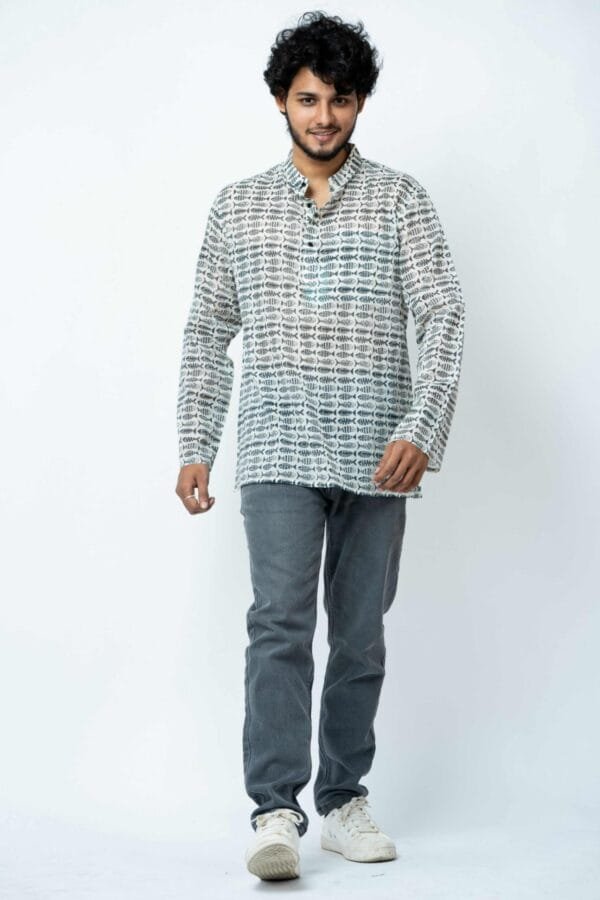 BLACK FISH PRINT MENS  SHORT KURTA.