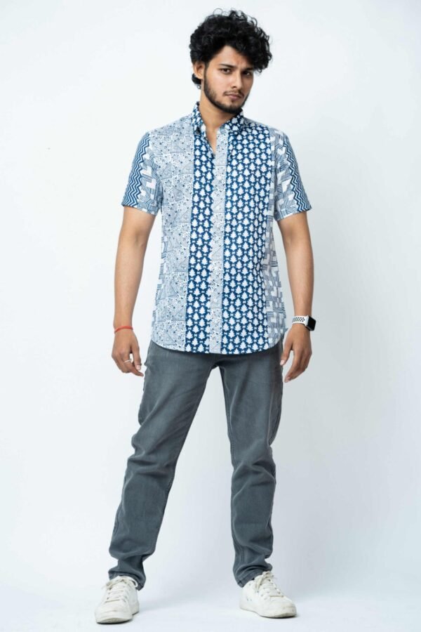 BLUE  MOTIF  BLOCK  PRINT  CASUAL   SHIRT - Image 3