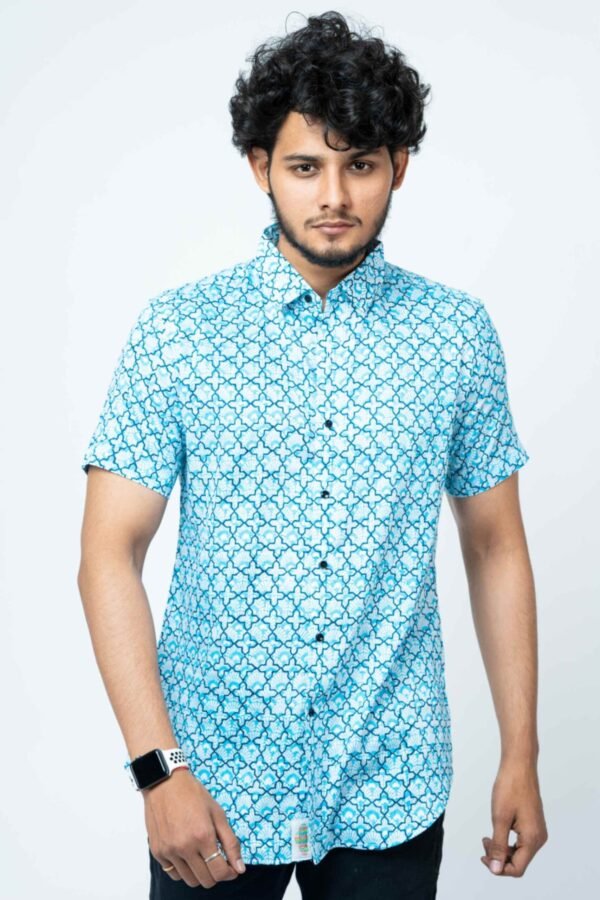 Blue Mughal Print Mens Half Shirt - Image 4