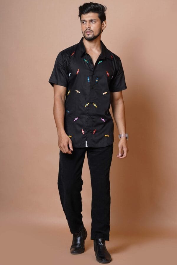 CANDY HAND EMBROIDERED MENS BLACK  HALF SLEEVE SHIRT - Image 4