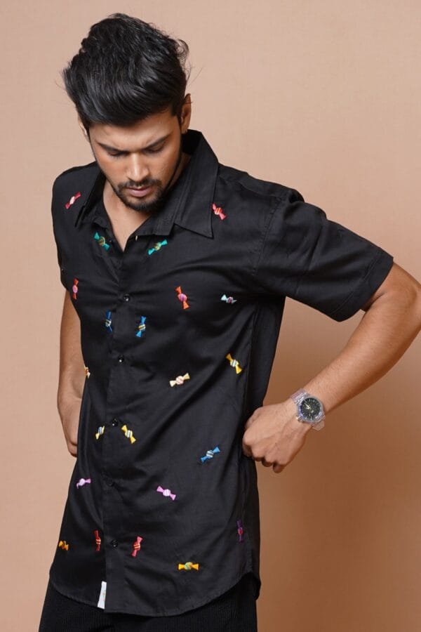 CANDY HAND EMBROIDERED MENS BLACK  HALF SLEEVE SHIRT - Image 5