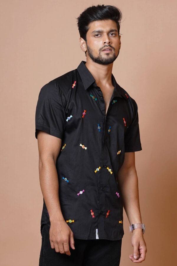 CANDY HAND EMBROIDERED MENS BLACK  HALF SLEEVE SHIRT - Image 2