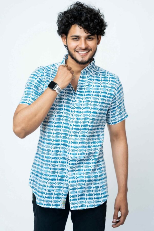 Indigo Fish Block Print Half Sleeve Shirt