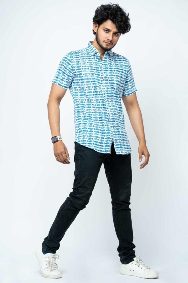 Indigo Fish Block Print Half Sleeve Shirt - Image 2