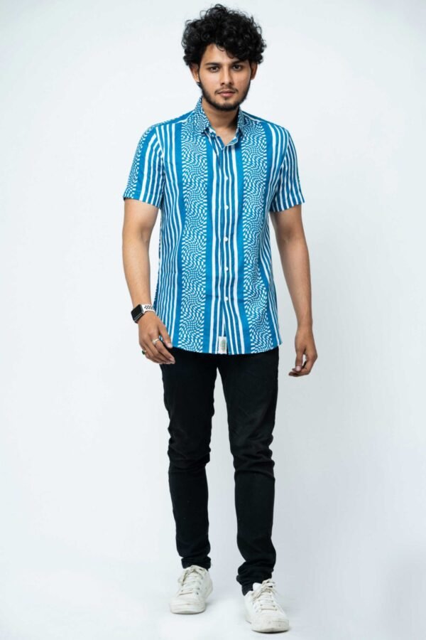 INDIGO MOSAIC PRINT  MENS HALF SHIRT - Image 3