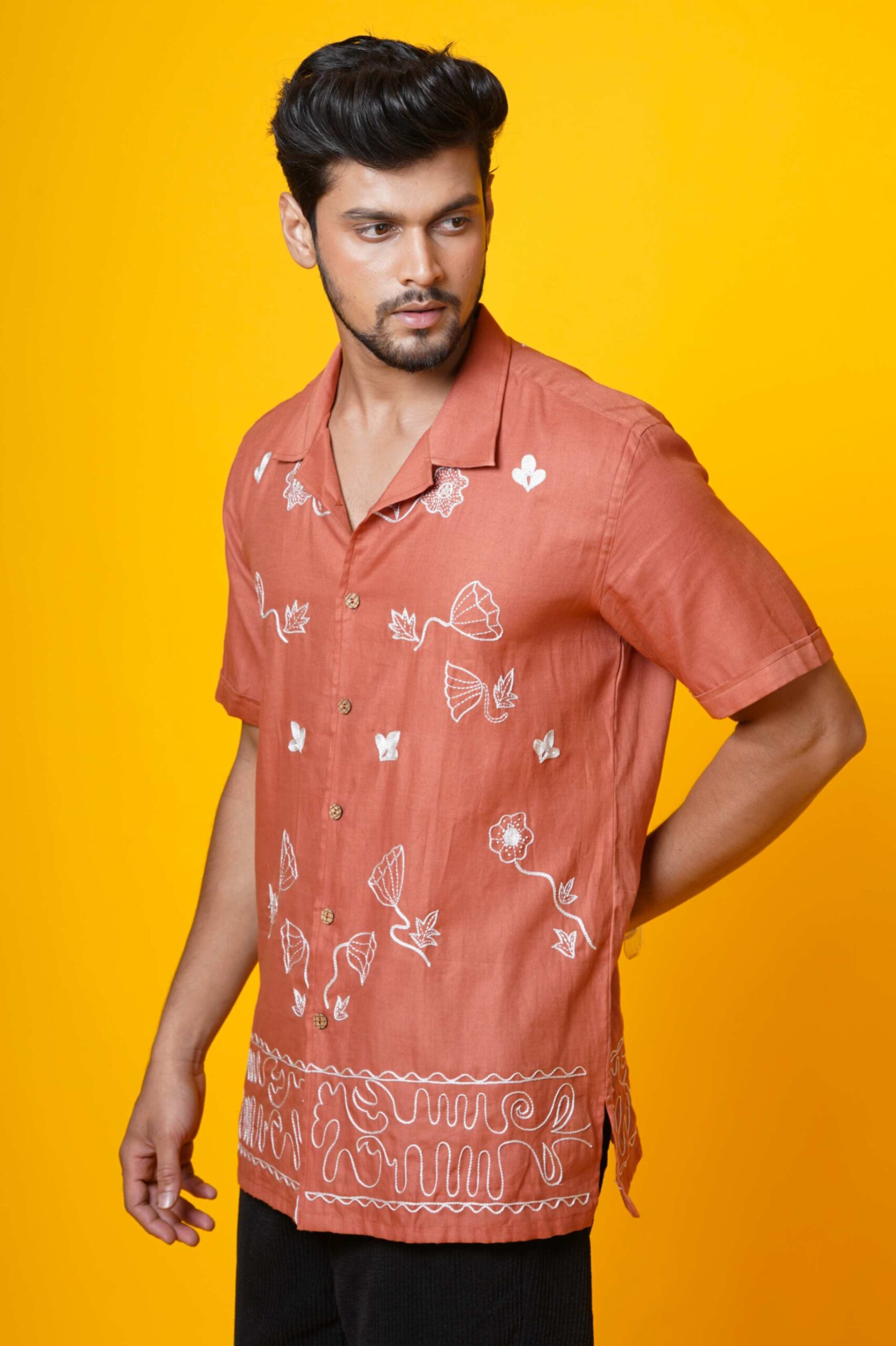 MENS RUST COLOUR AARI EMBROIDERED SHIRT