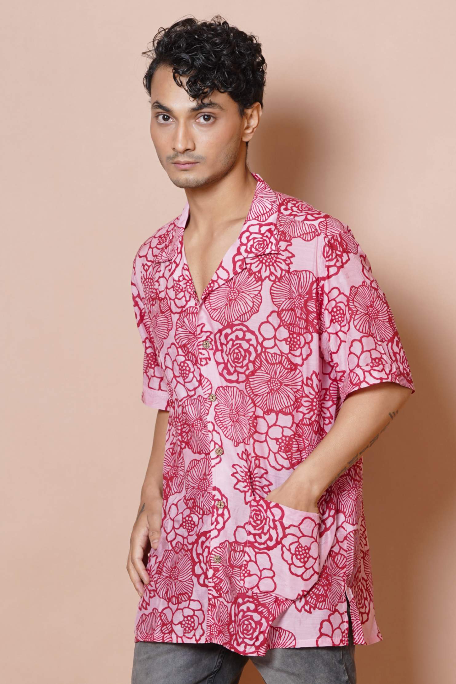Pink Floral Print Half Sleeve Shirt