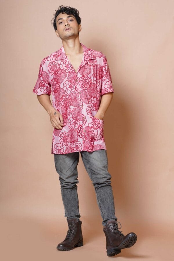 Pink Floral Print Half Sleeve Shirt - Image 3