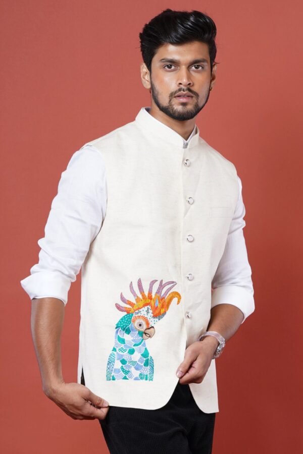 Powder Blue Embroidered Blue Cockatoo Nehru Coat - Image 5