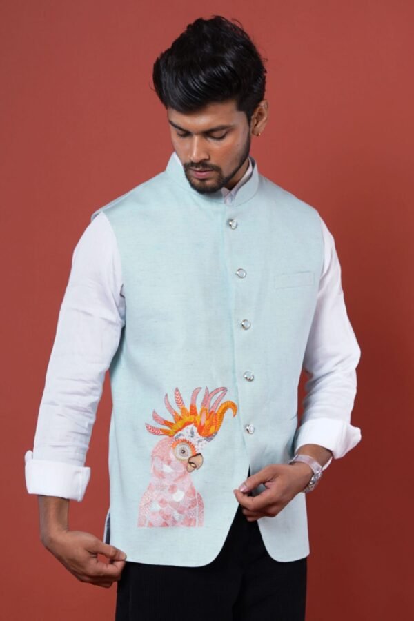 Powder Blue Embroidered Blue Cockatoo Nehru Coat