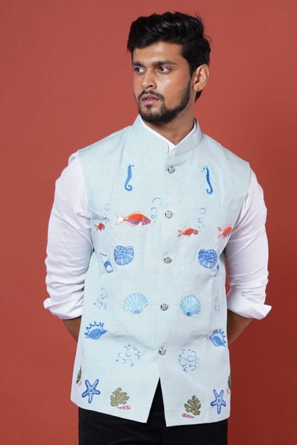 Powder Blue Embroidered Underwater Theme Nehru Coat