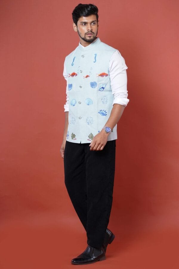 Powder Blue Embroidered Underwater Theme Nehru Coat - Image 2