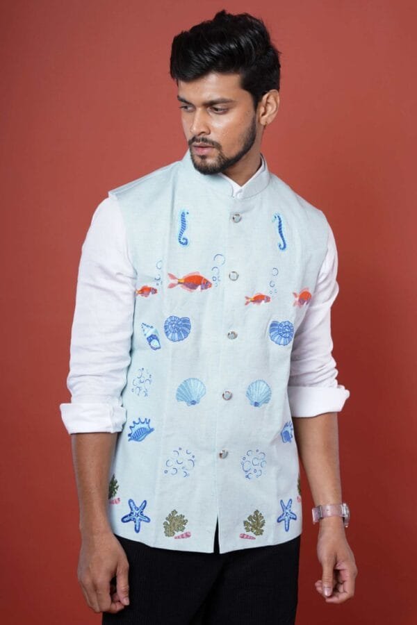 Powder Blue Embroidered Underwater Theme Nehru Coat - Image 3