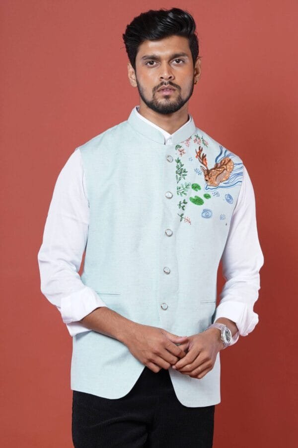 Mens Nehru Coat with Deer Hand Embroidery - Image 2