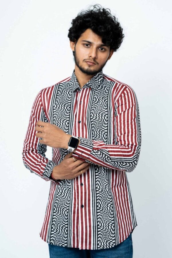 RED AND BLACK STRIPE MENS FULL SHIRT - Image 5