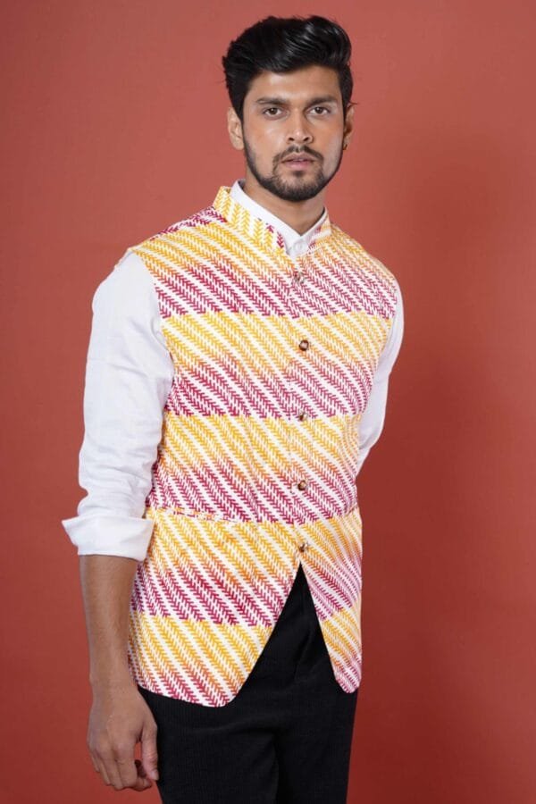 Red & Yellow Block Print Nehru Coat