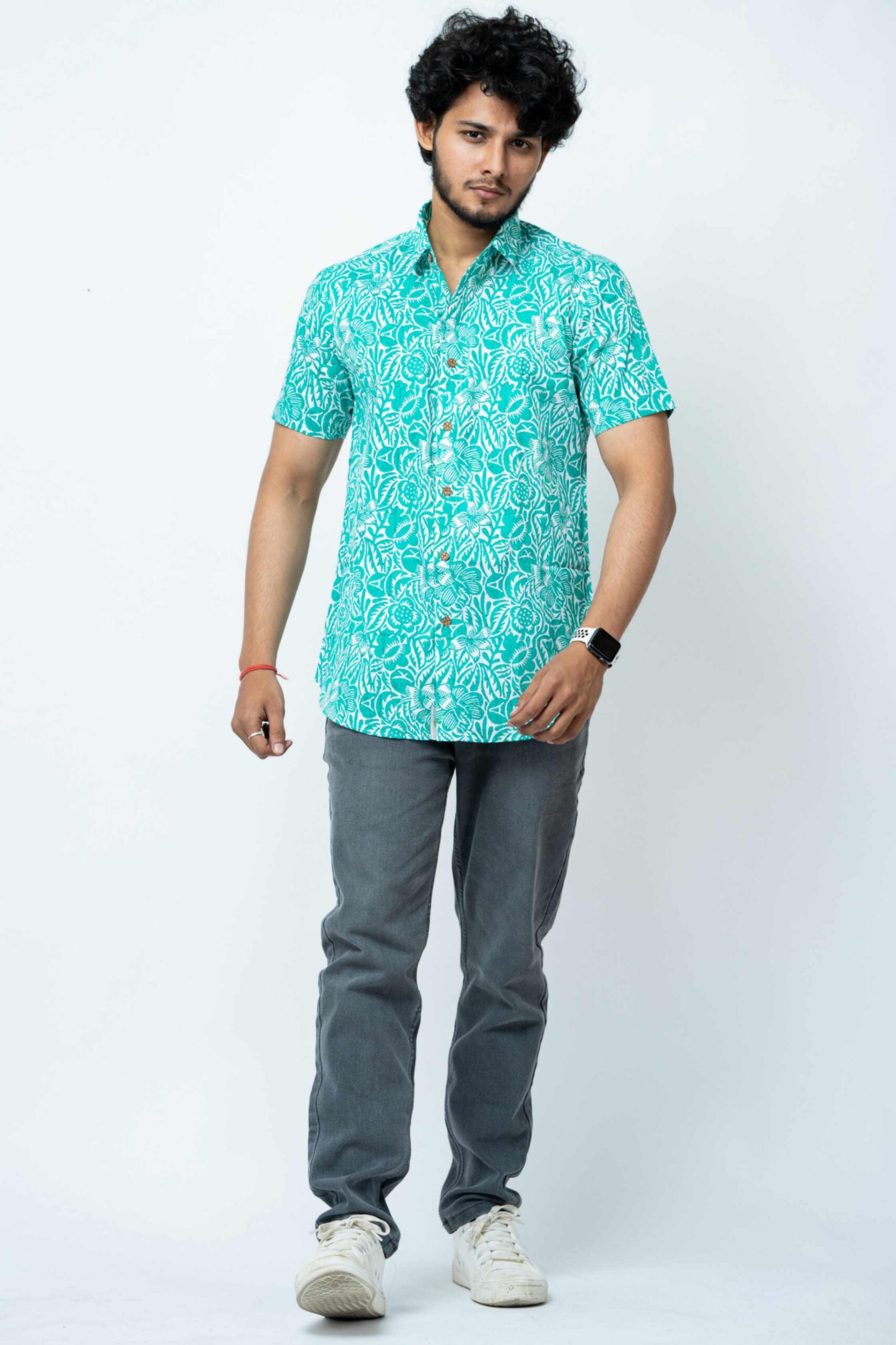 SLIM FIT COTTON SHIRT IN GREEN FLORAL PRINT