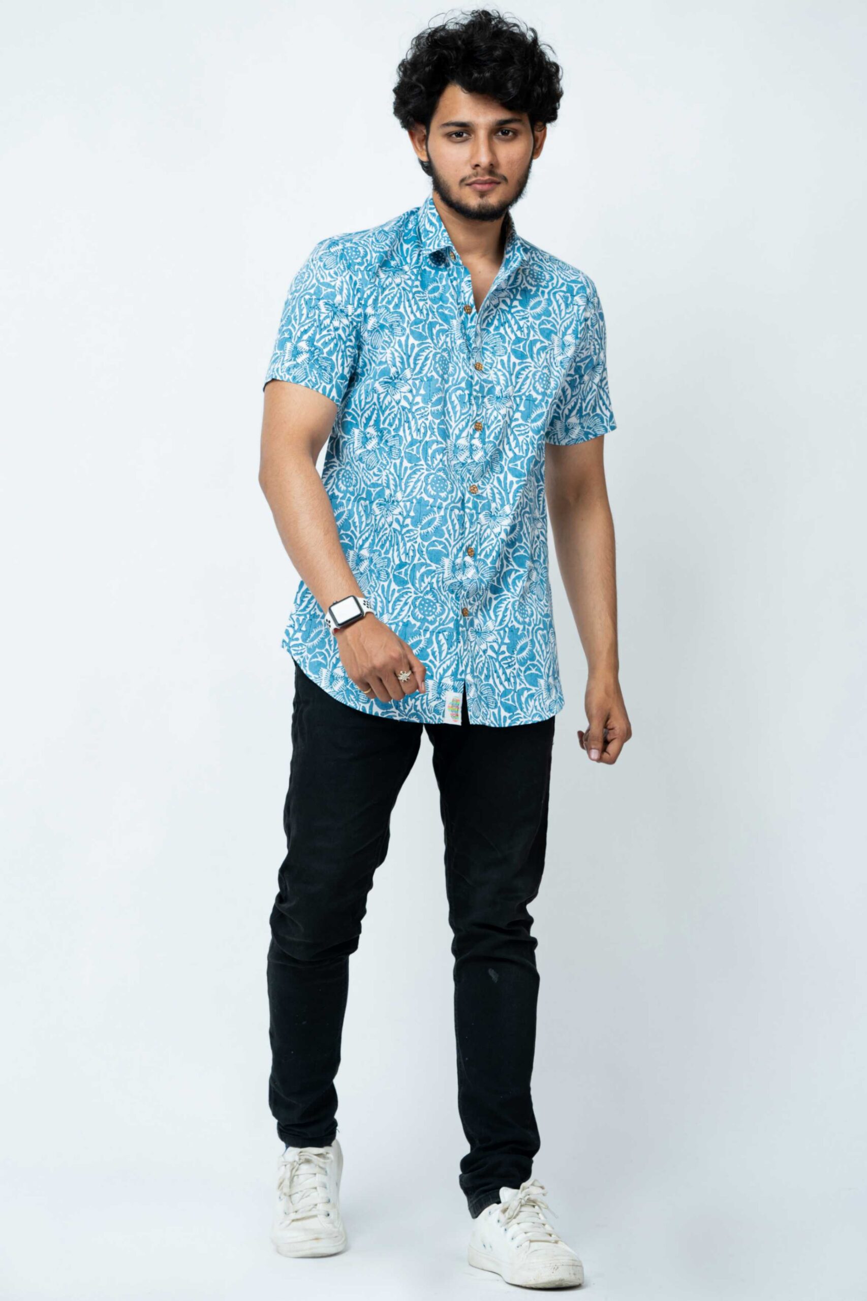 Slim Fit Cotton Shirt In Light Blue Floral Print