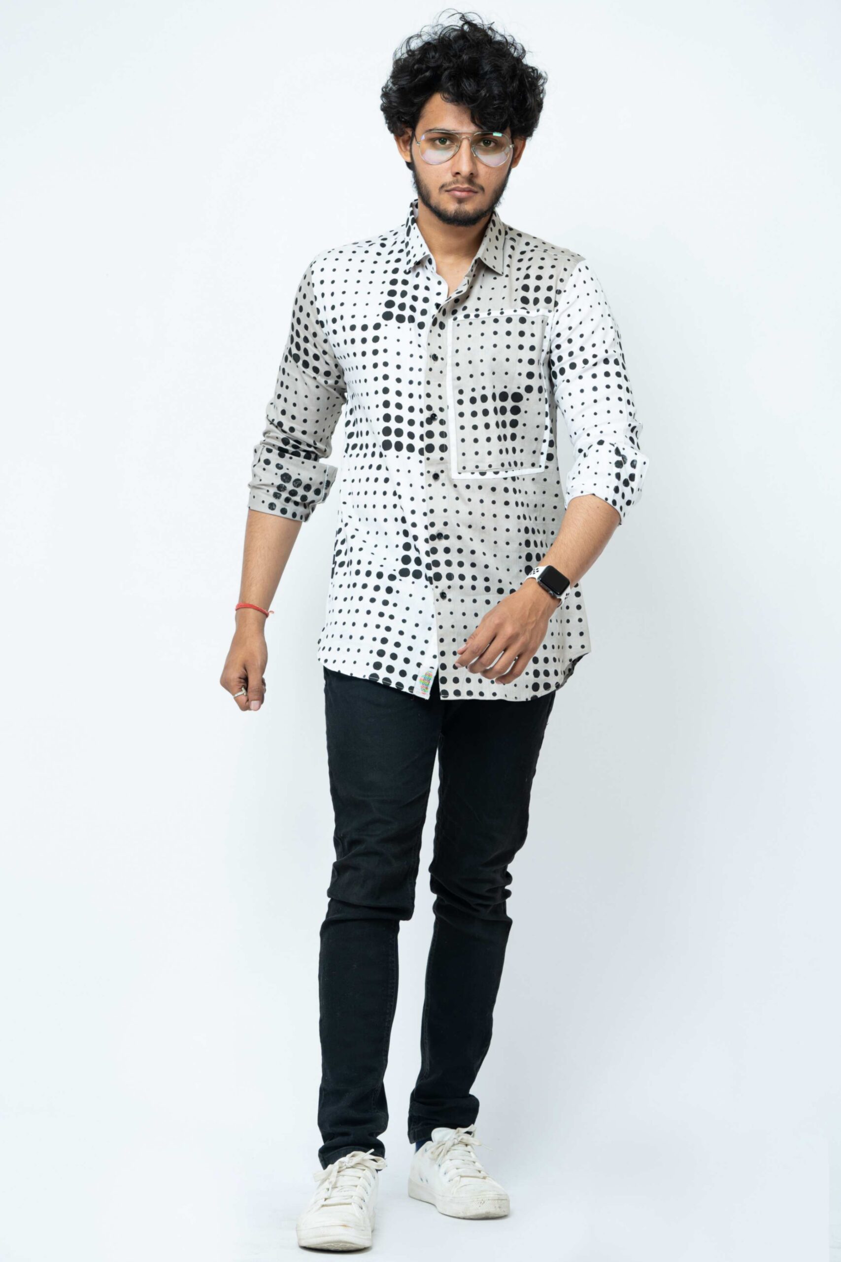 WHITE  GREY  DOTS PATCH WORK SLIM FIT FULL SHIRT