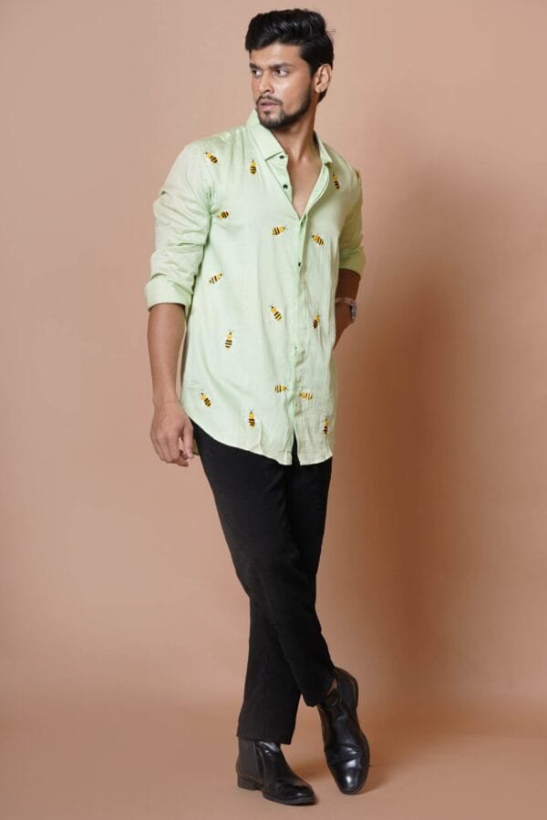 BEE PATTERN MENS HAND EMBROIDERED FULL SLEEVE SHIRT - Image 2