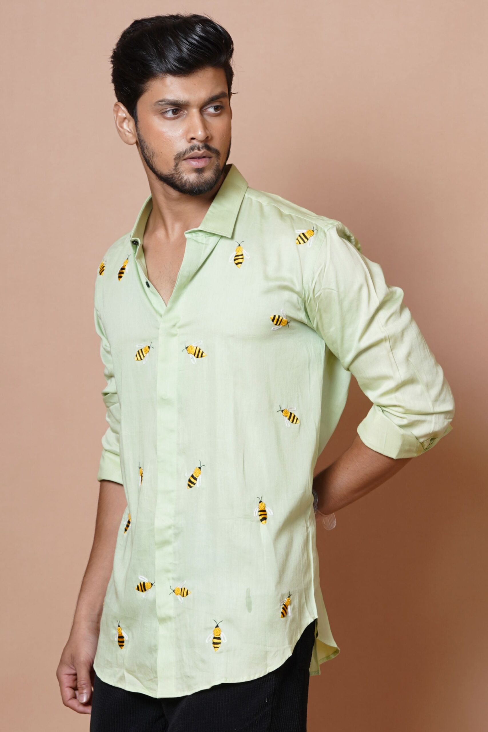 BEE PATTERN MENS HAND EMBROIDERED FULL SLEEVE SHIRT