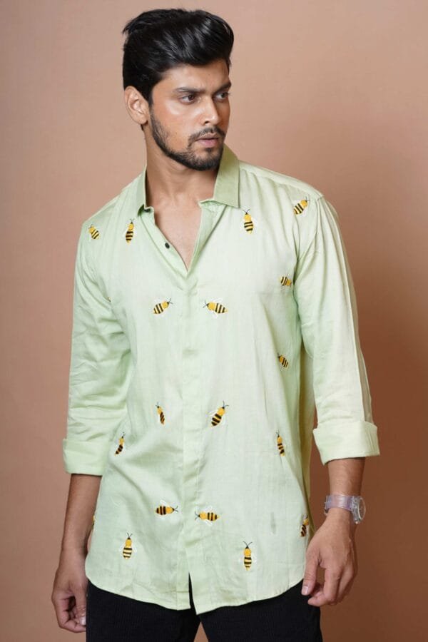 BEE PATTERN MENS HAND EMBROIDERED FULL SLEEVE SHIRT - Image 3