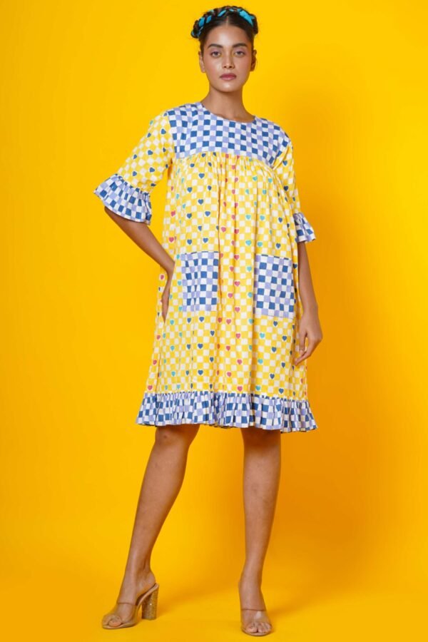 Blue and Yellow Block Print Women dress in polka Hearts - Image 3