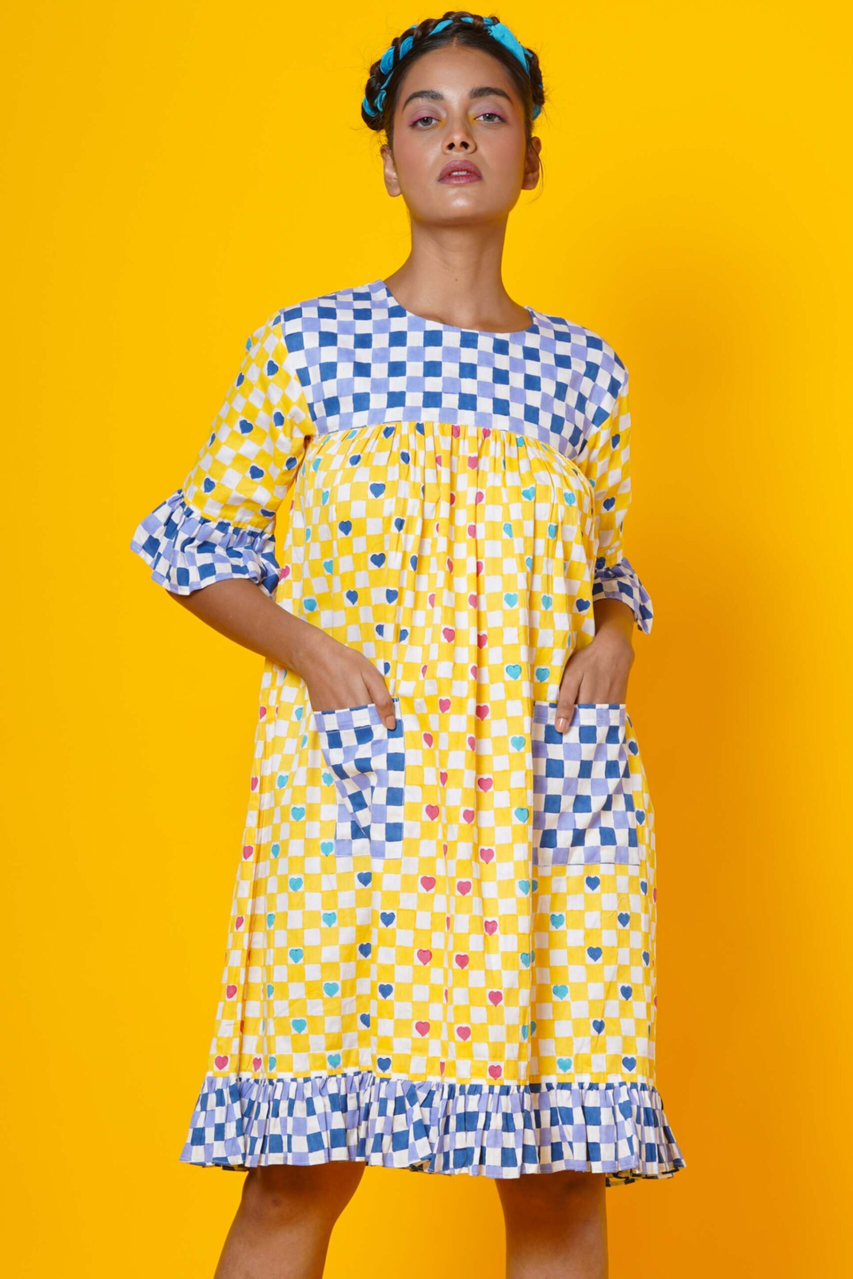 “Blue and Yellow Block Print Women dress in polka hearts “