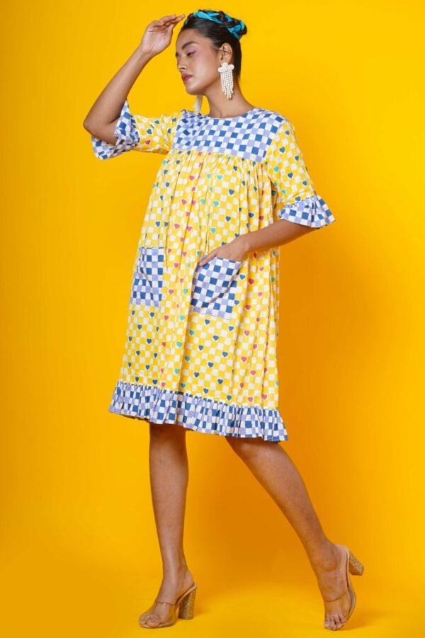 Blue and Yellow Block Print Women dress in polka Hearts - Image 5