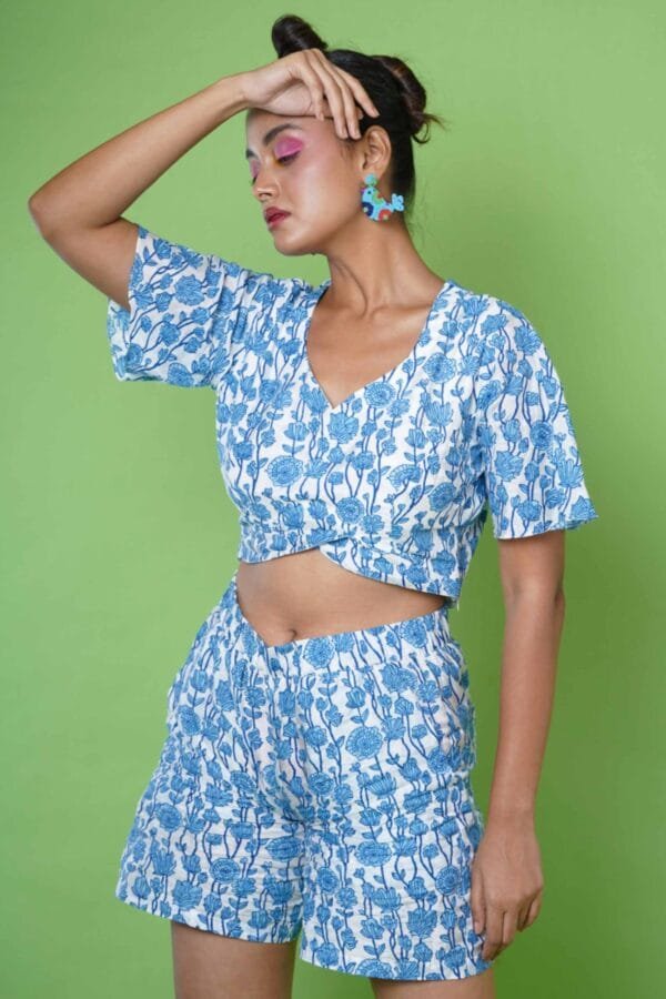 Blue Floral Block Print Top and Shorts - Image 5