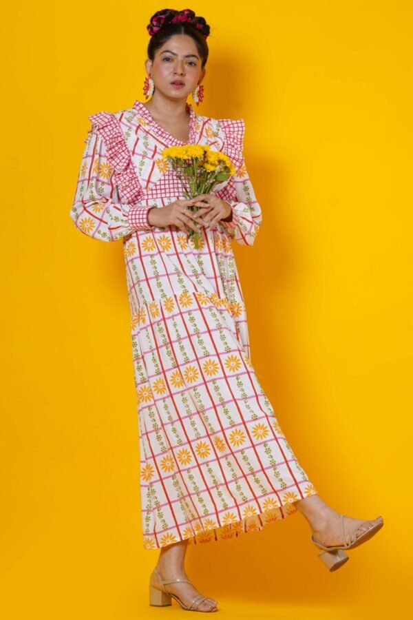 Checks and floral block print maxi dress - Image 4