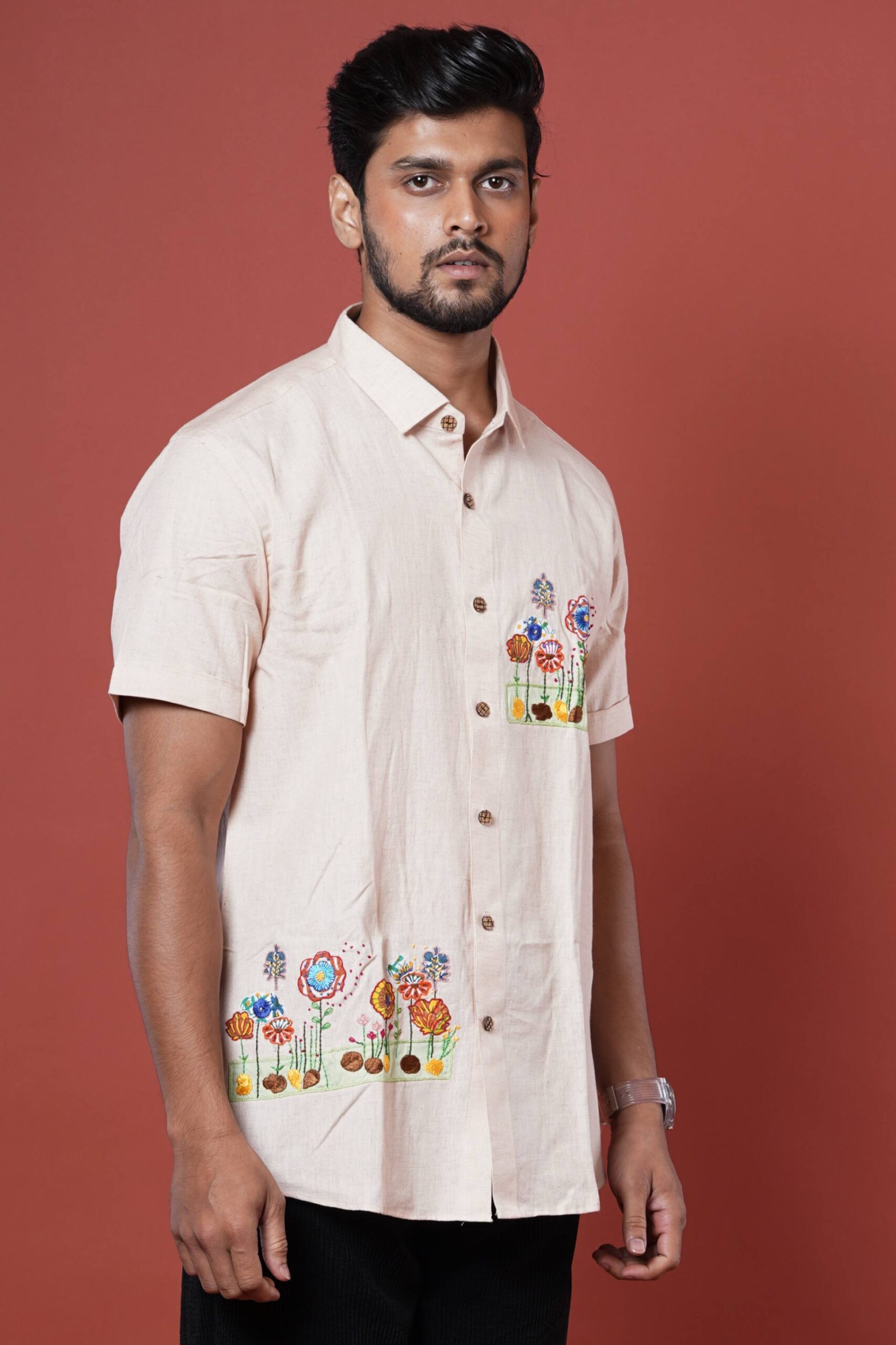 FLORA PATCH WORK WITH HAND EMBROIDERED MENS HALF CASUAL SHIRT