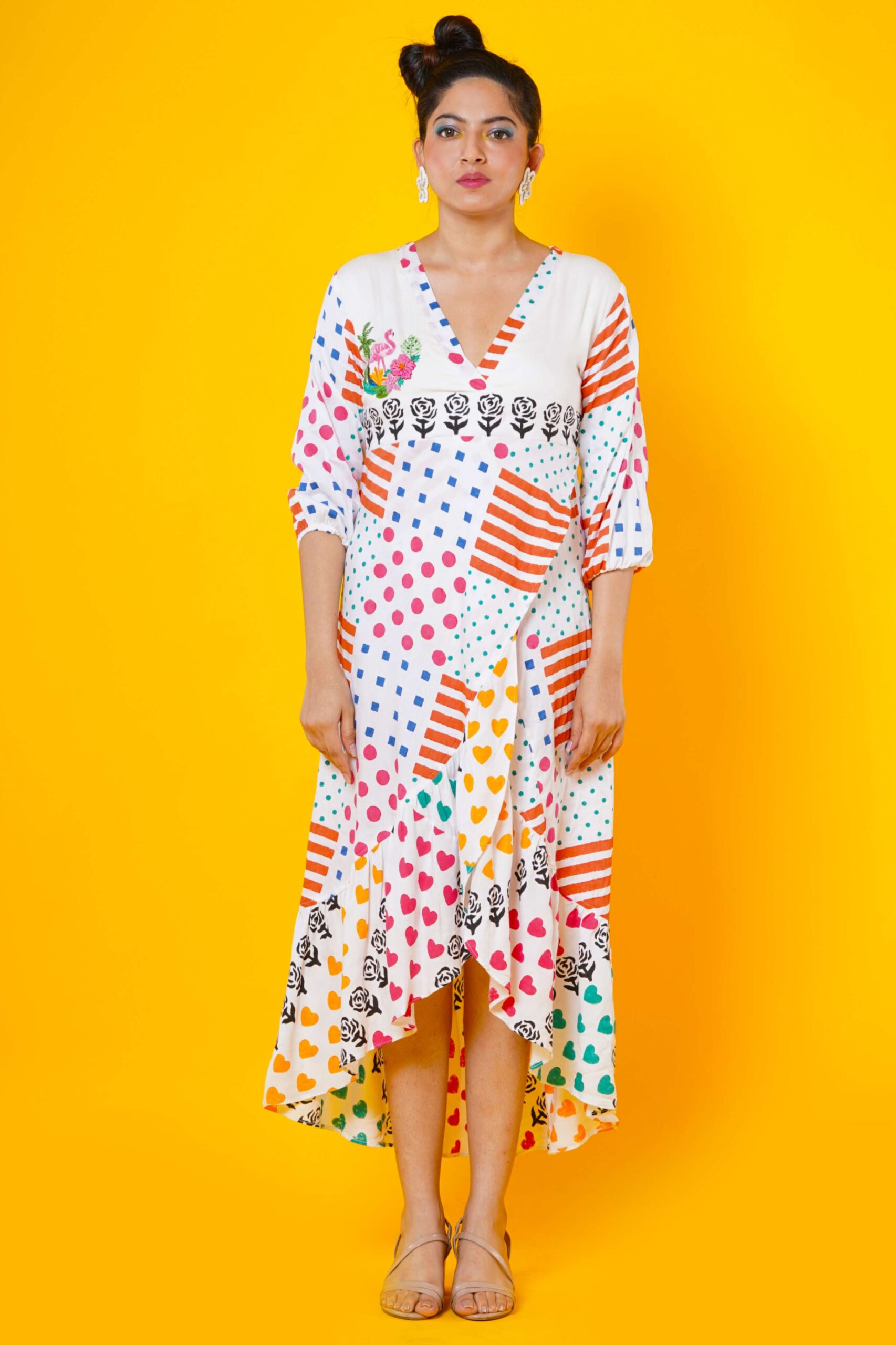 Flamingo Embroidered  Block  Printed Cotton Maxi Dress