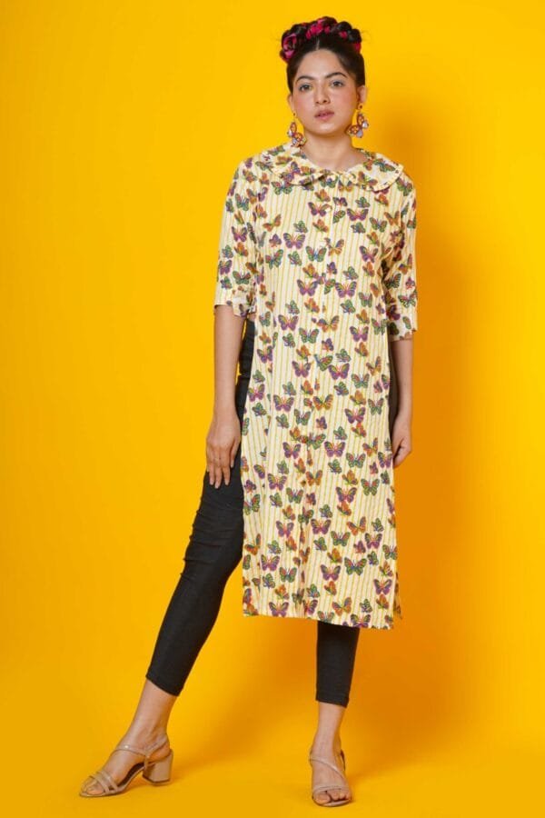 Hand Block Print Kurti  in butterfly stripes - Image 2