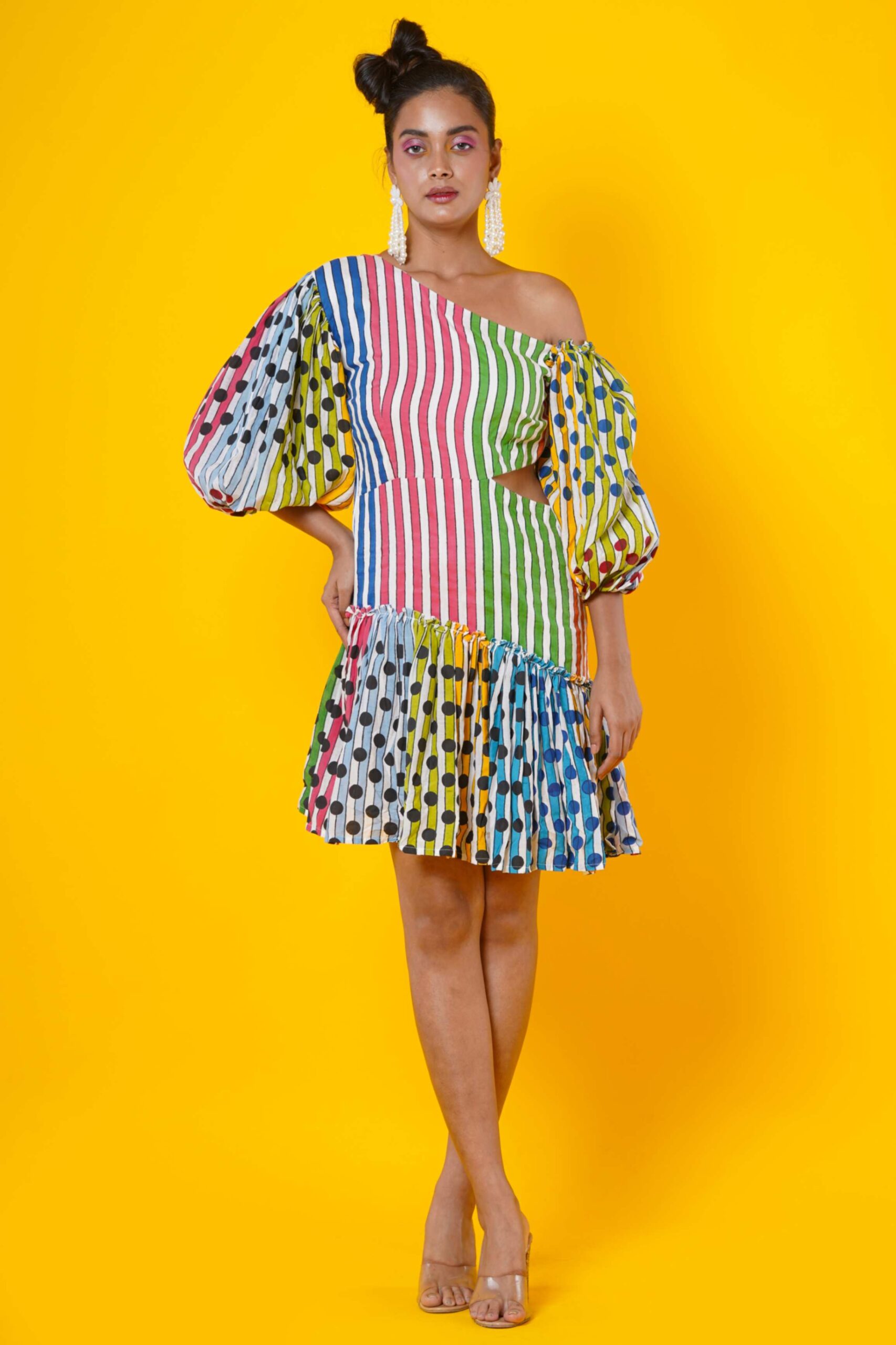 Multicolour stripes and dots midi womens dress