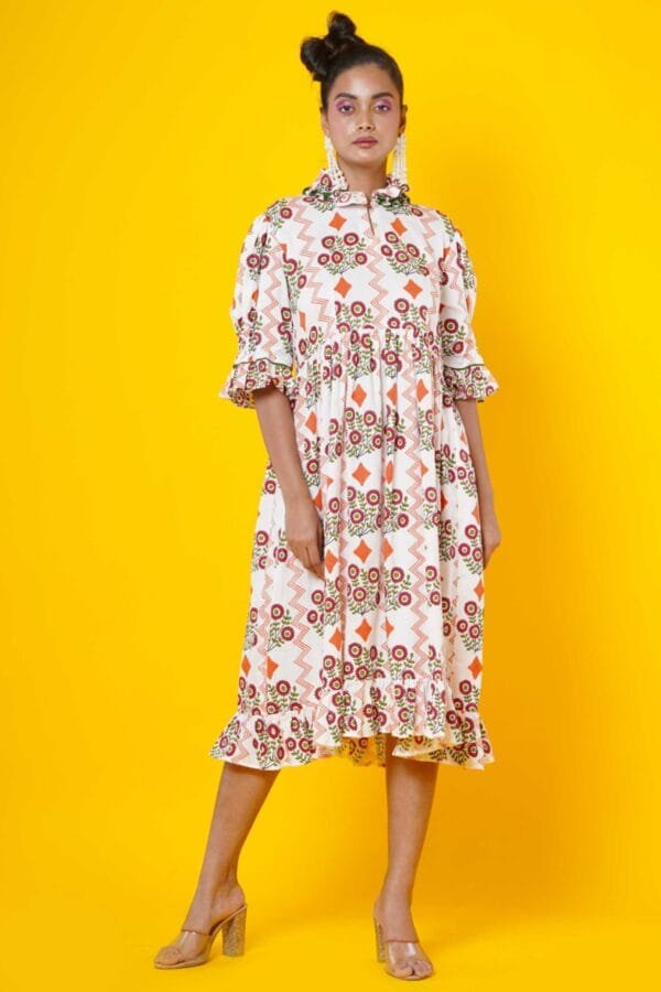 Orange Flower Block Print Cotton Midi Dress for women - Image 2