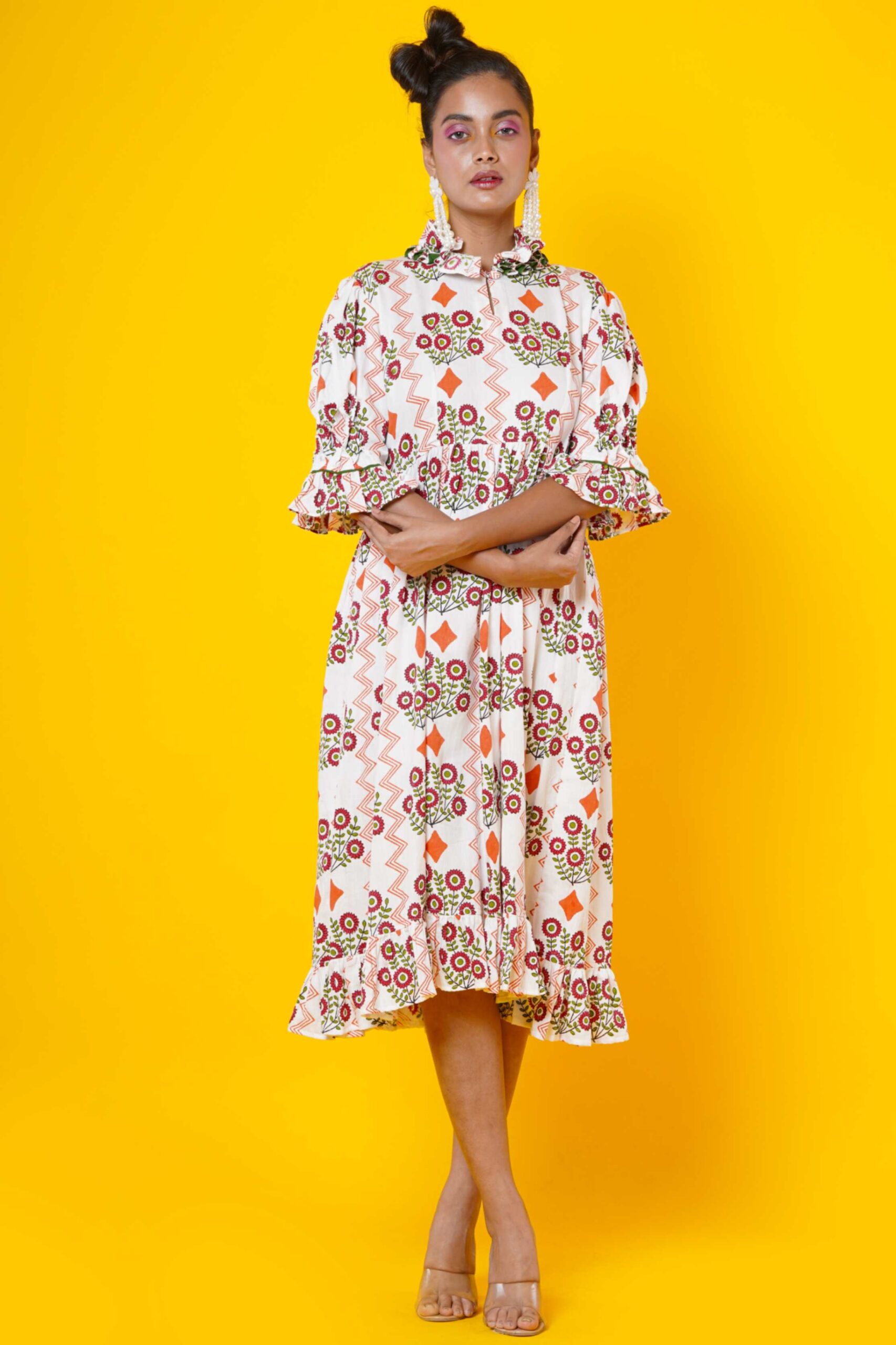 “Orange Flower Block Print Cotton Midi Dress for women  “