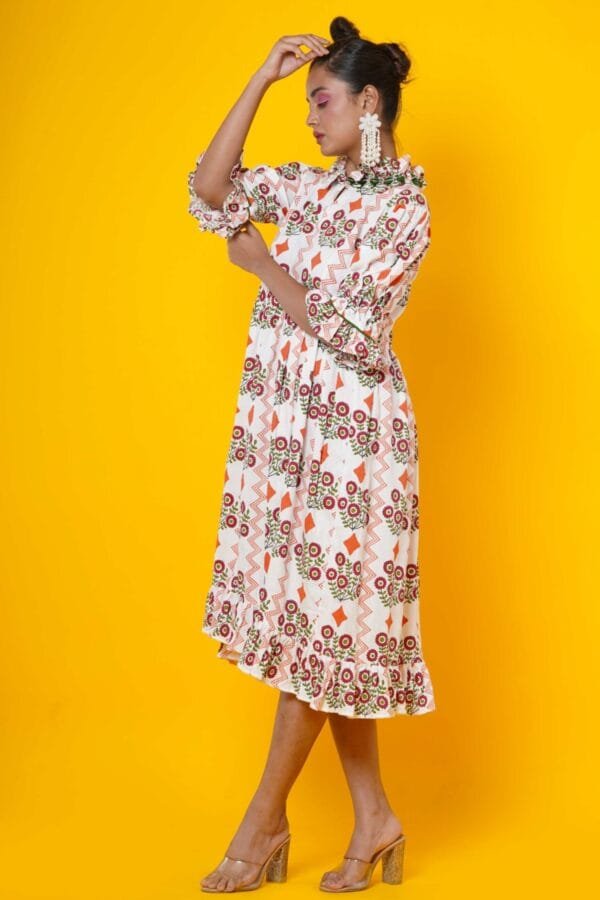 Orange Flower Block Print Cotton Midi Dress for women - Image 4