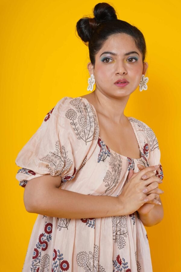 Peach colour Muslin Block Print Dress with pleated yoke - Image 2