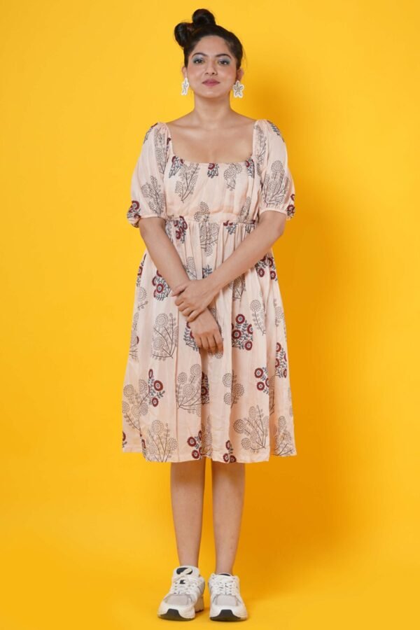 Peach colour Muslin Block Print Dress with pleated yoke - Image 3