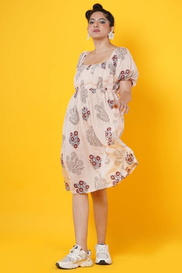 Peach colour Muslin Block Print Dress with pleated yoke - Image 4