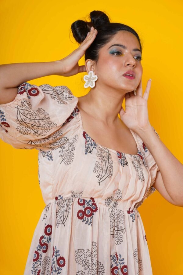 Peach colour Muslin Block Print Dress with pleated yoke - Image 5