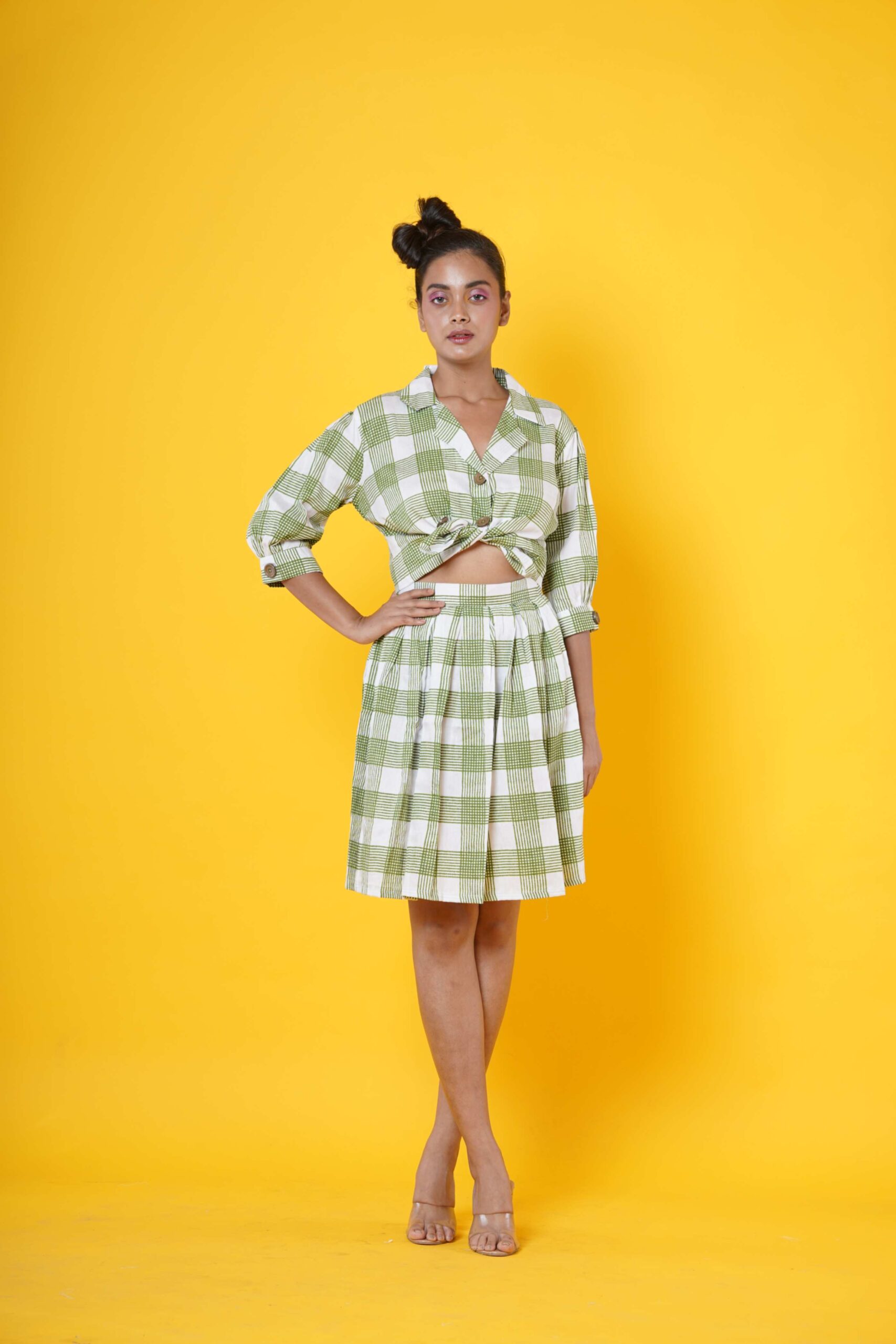 Pista Green Block Print Skirt  and Blouse