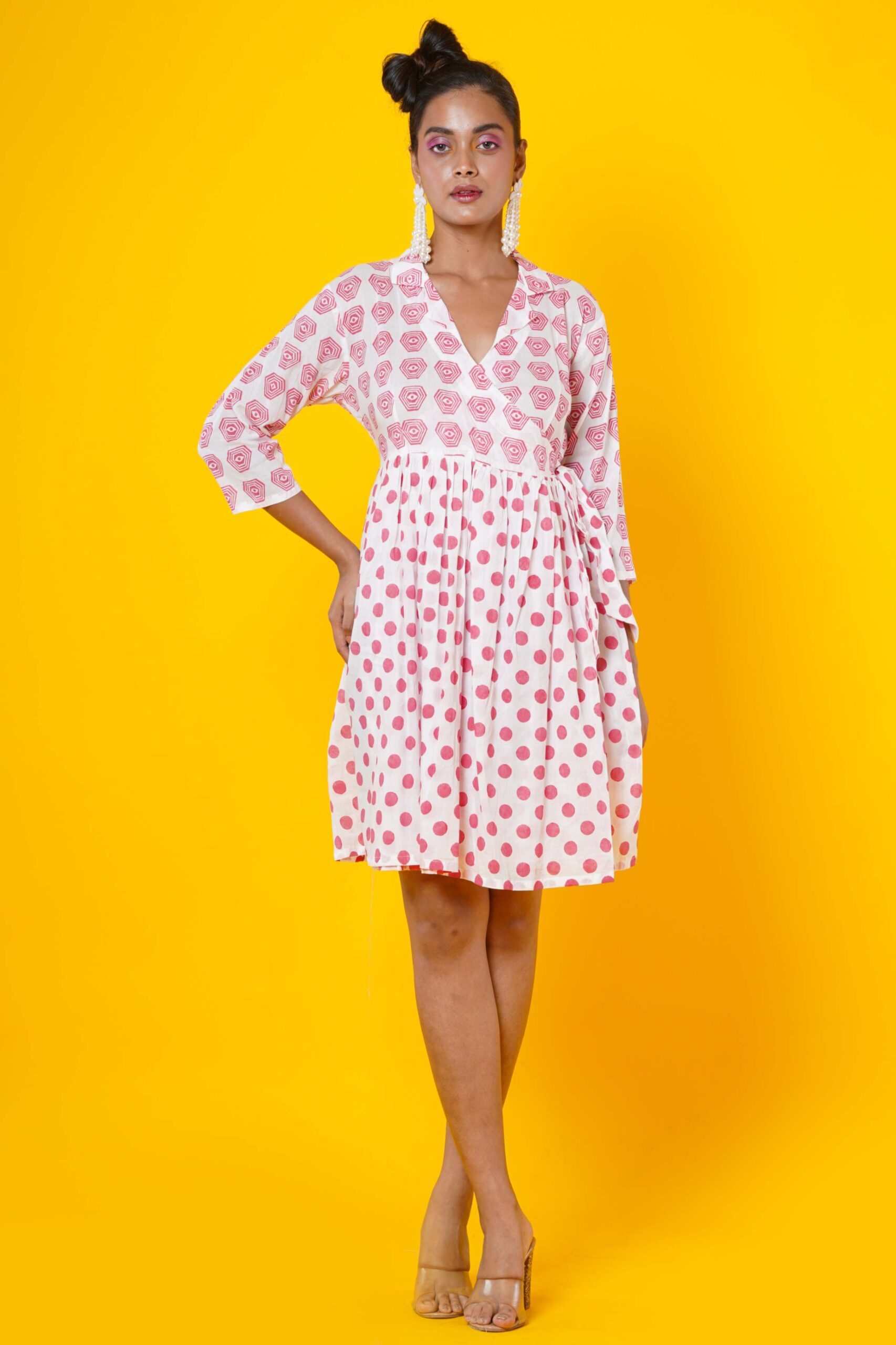 Polka dots block print cotton midi dress for women