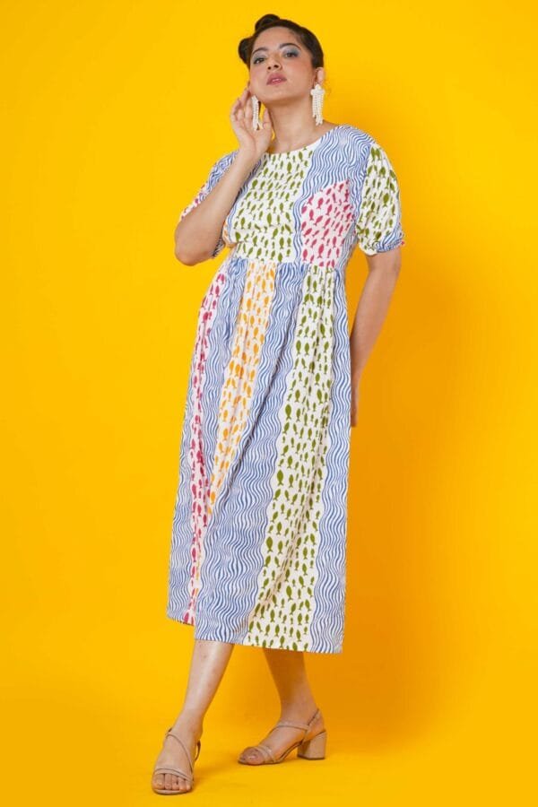 Waves and fish block print cotton dress - Image 4