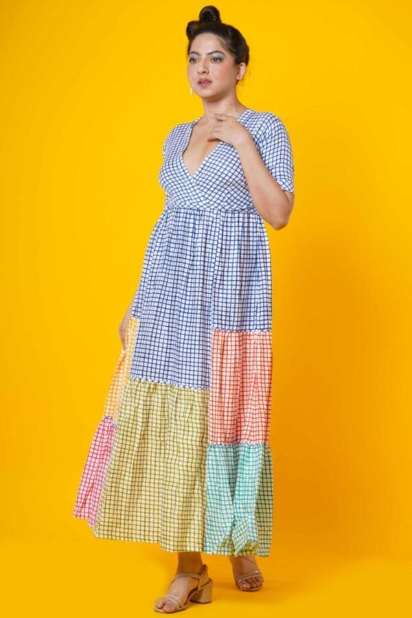 Women Block Print Cotton Maxi Dress in Multicolour Checks - Image 3