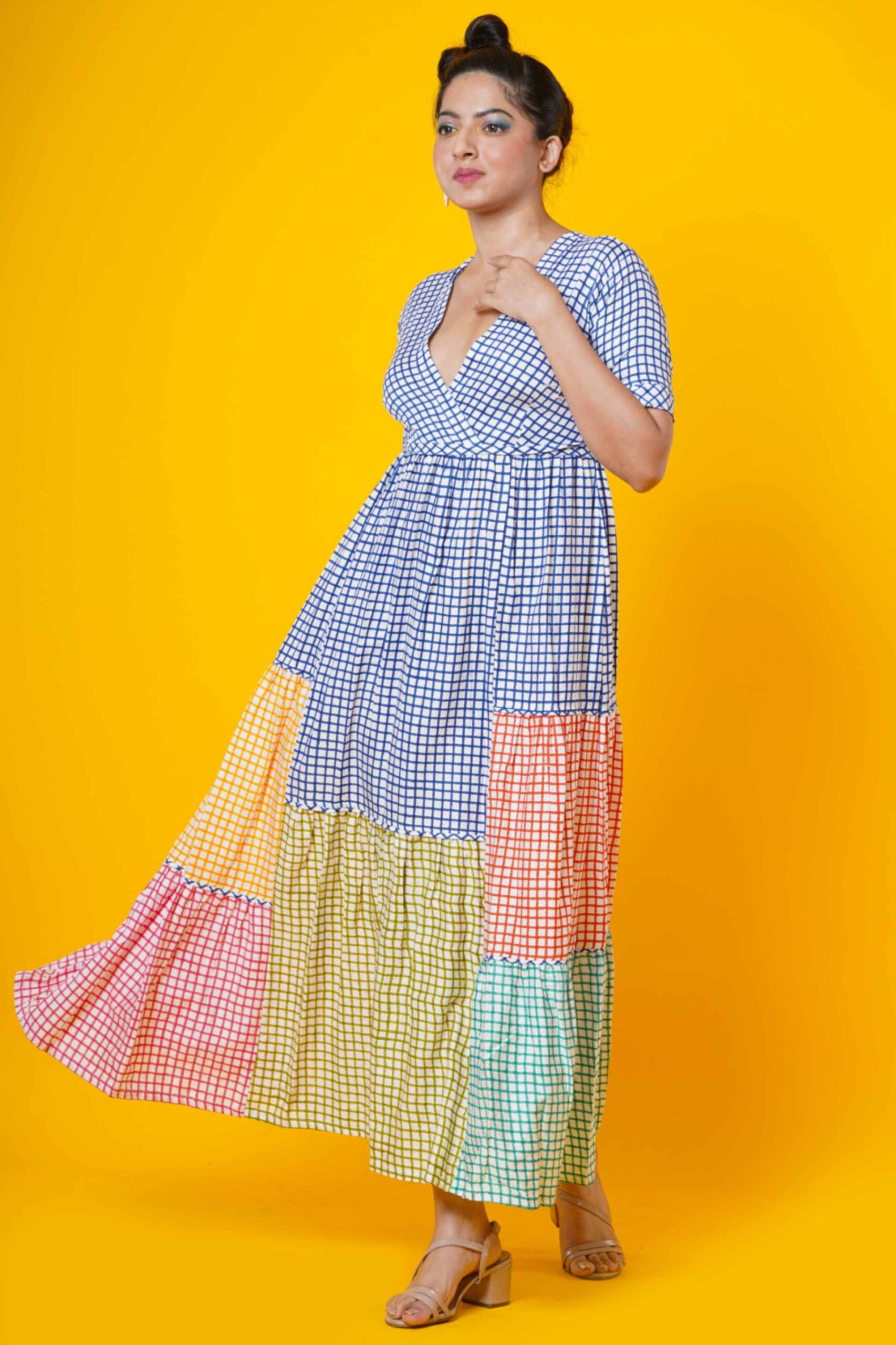 Women Block Print Cotton Maxi Dress in Multicolour Checks