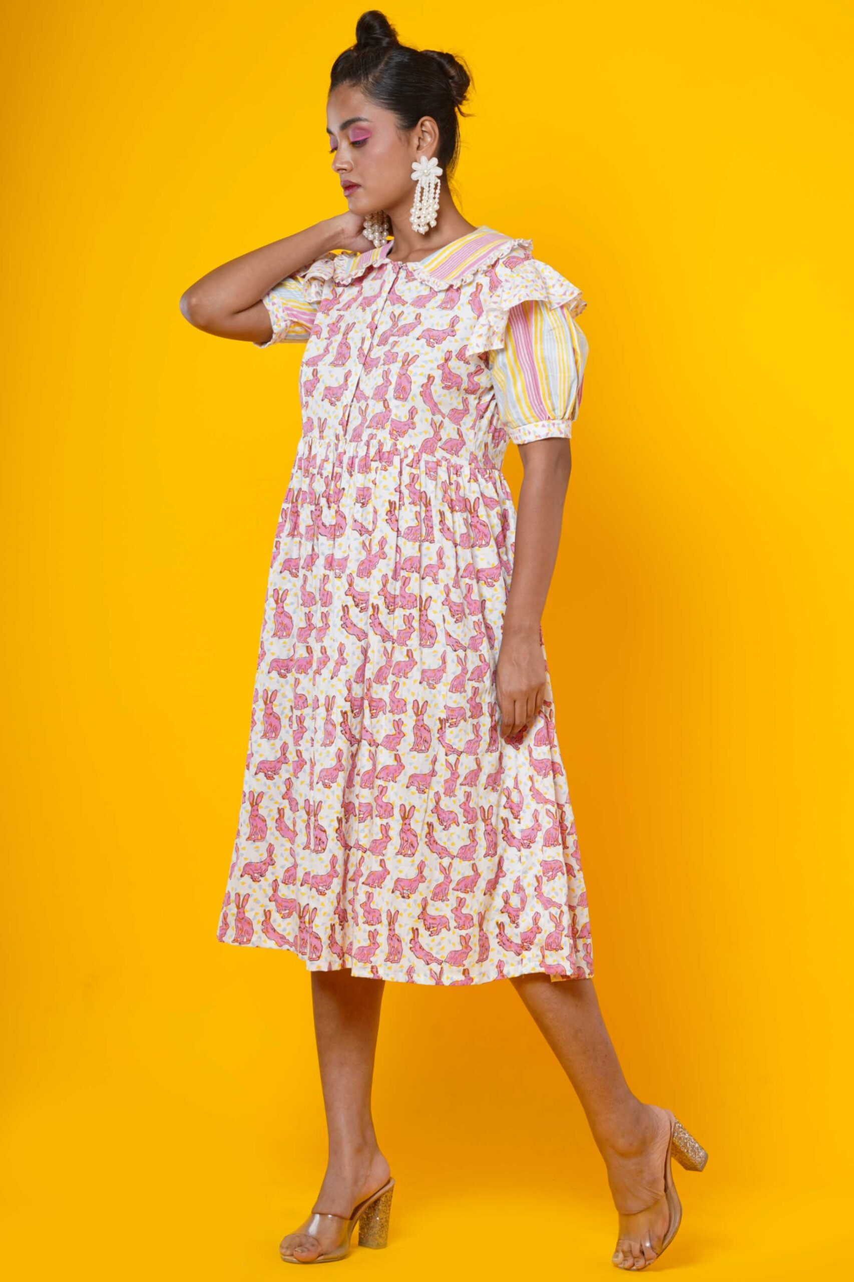 Women Block Printed  Cotton Midi Dress with stripes and rabbit
